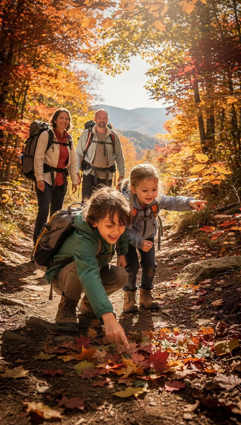 Группа туристов на тропе, окружённой высокими деревьями и яркими цветами.