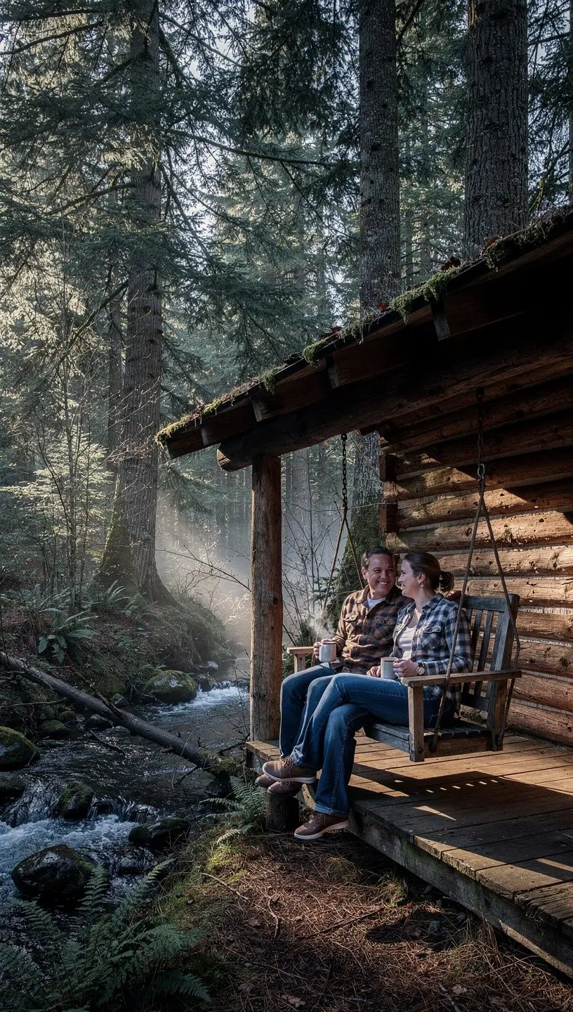 Уютная деревянная хижина среди зелёных лесов в США.