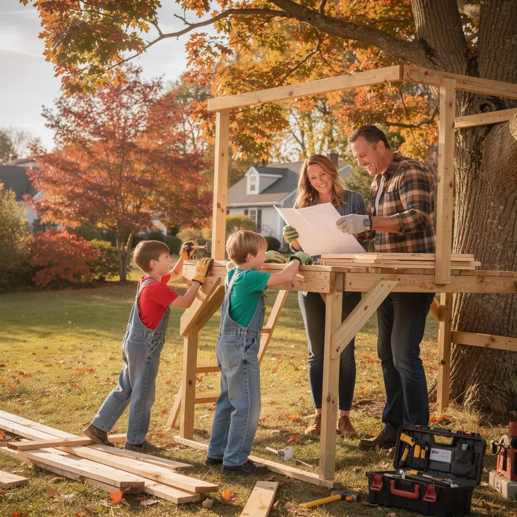 Уютная деревянная хижина среди густого леса в солнечный день.